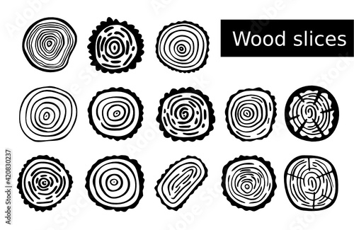 Wood slices set. Black line art oak stump rings. Collection of illustrations for icons and ecology designs. Vector cut tree. Picture lumber hand drawn. Clip art in construction themes, woodland. 