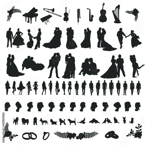 Wedding Silhouette Clip Art Vector. Illustration Bridal Party People. Just Married Design Set.