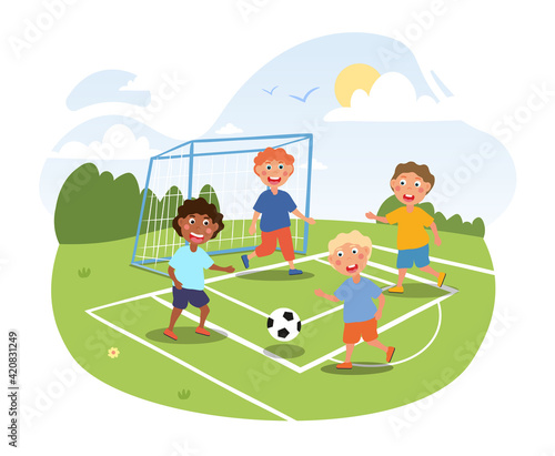 Little children are playing football outside