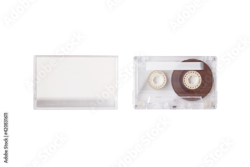 Transparent Cassette tape with Cassette tape case isolated on white background.