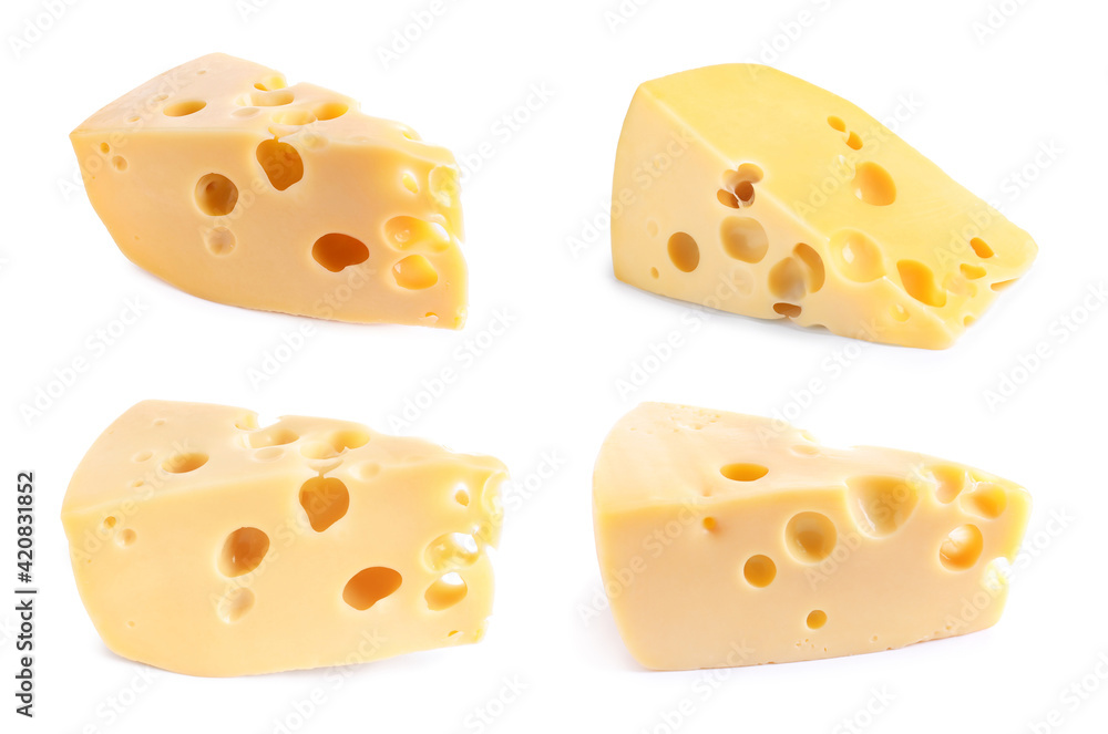 Set with pieces of delicious cheese on white background Set with pieces of delicious cheese on white background