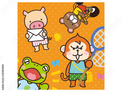 動物キャラクター　猿、豚、熊、カエル