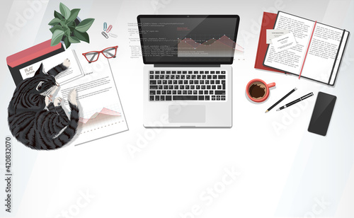 Coworking home-office interior with laptop and table with coffee cup, documents, smartphone, notebooks and  cat slipping on the table. Top view workspace vector illustration