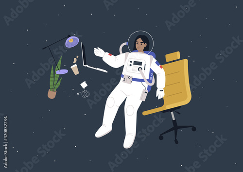A young female astronaut in a spacesuit working on their laptop in outer space, a futuristic life concept