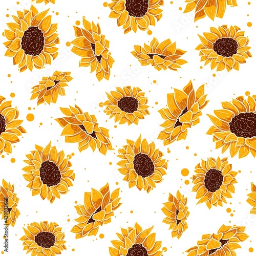 Yellow seamless pattern with tropical summer flowers. Floral repetitive background with spring floral elements. Vector wallpaper with sunflower and daisy plants in bloom.