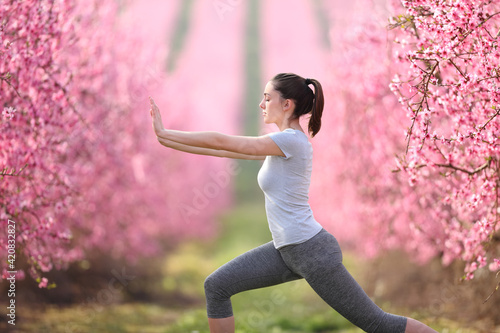 Woman doing tai chi exercise in a pink flowered field photo