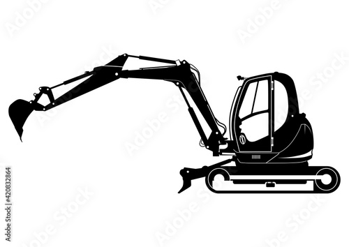 Compact excavator silhouette. Tracked mini excavator. Side view. Flat vector.