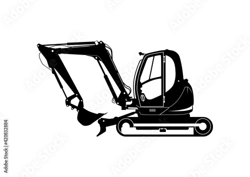 Compact excavator silhouette. Tracked mini excavator. Side view. Flat vector.
