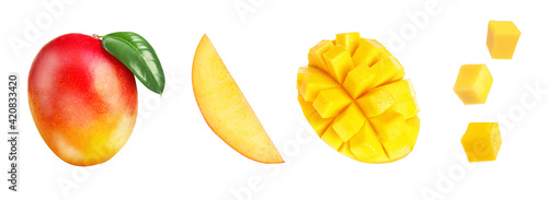 Set with sweet ripe mangoes on white background. Banner design