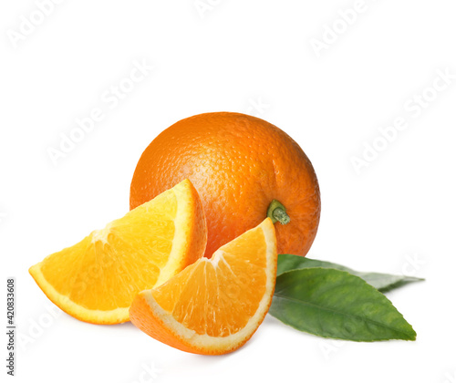 Tasty fresh ripe oranges on white background