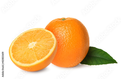 Tasty fresh ripe oranges on white background