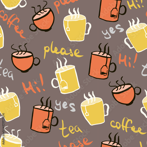 Tea and coffee cup hand drawn pattern. Morning hot drink doodle vector seamless pattern. Orange and yellow outline illustration for wrapping paper, notebook covering, greeting card for every day