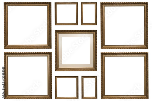 Set of Wooden picture frame Louis dark golden isolated on white background.