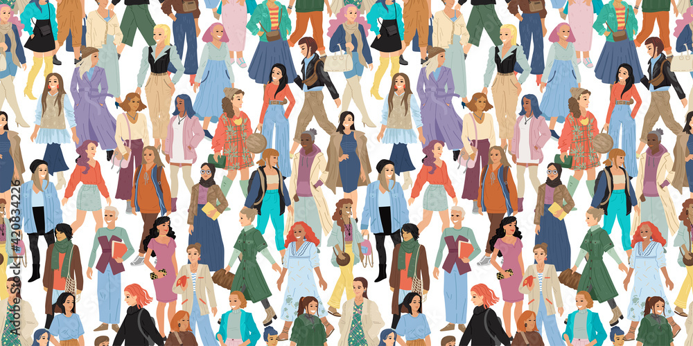 International women day concept. Full length women. Seampless pattern for wrapping, textile, fabric, wallpaper and other decor. Vector illustration