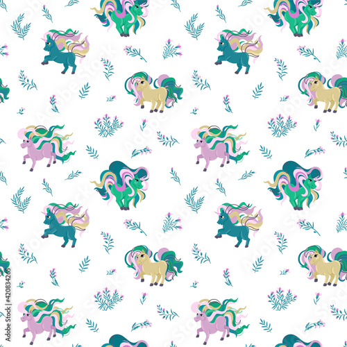Seamless pattern unicorns. Vector flat illustration. Design for paper, cover, fabric, interior decor and other users. © Veronika