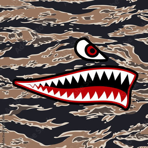 Shark rocks on camouflage background. Flying Tiger Shark Sticker 