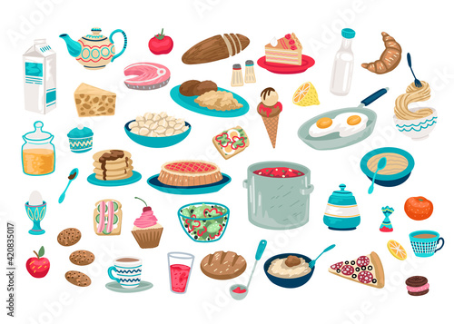 Food icons  food  human food. Tea drinking  pastries  salads  hot dishes  lunch in a cafe. A set of isolated objects on a white background. Vector drawing