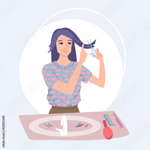 Woman cuts her hair, cuts off her bangs, change her hairstyle, at home, personal care, hair scissors. Vector drawing illustration
