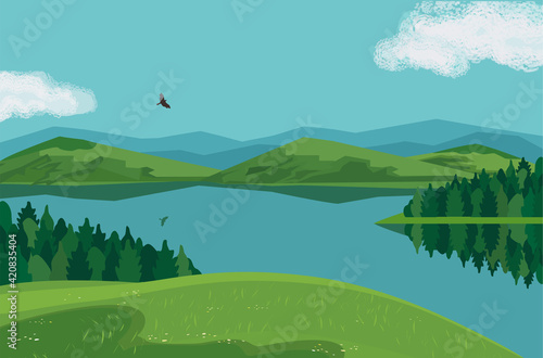 Forest on mountain river landscape background vector
