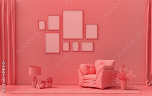 Minimalist living room interior in flat single pastel light pink  pinkish orange color with 8 frames on the wall and furnitures and plants  in the room  3d Rendering