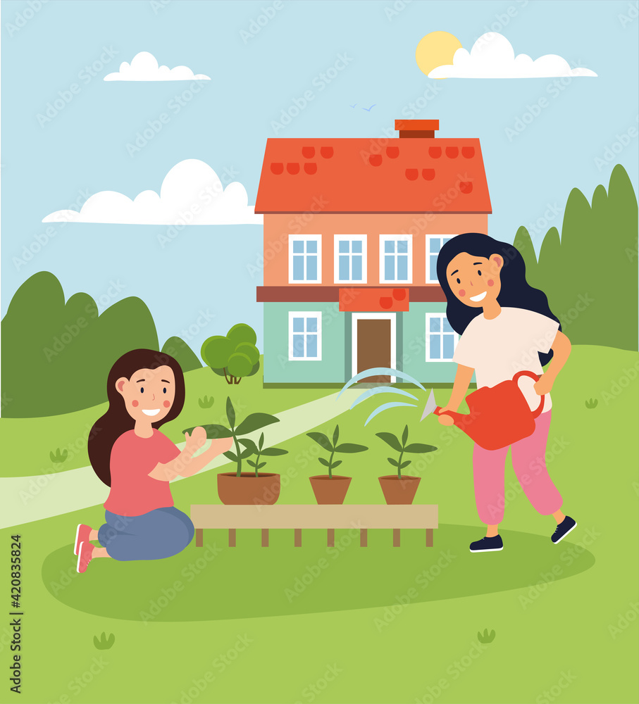 Two happy little girls are planting and watering plants together Two happy little girls are planting and watering plants together