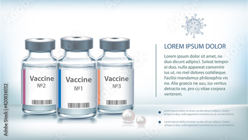 The medical concept with vaccine bottles and virus.  Transparent vector ampoule on blue background