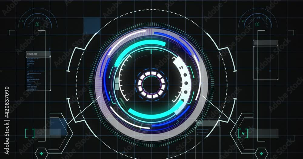 Digital interface with data processing against round scanner against black background Digital interface with data processing against round scanner against black background
