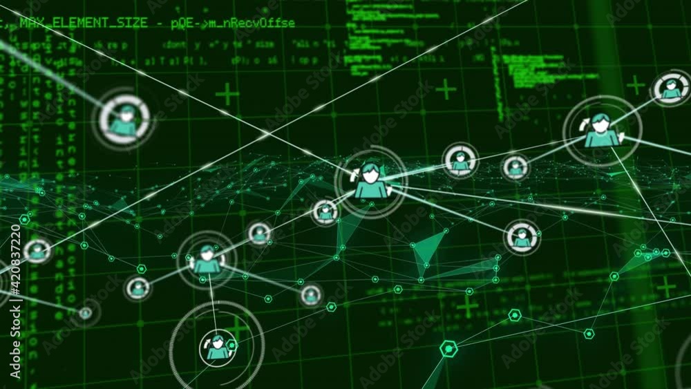 Network of connections over grid network against data processing on black background Network of connections over grid network against data processing on black background