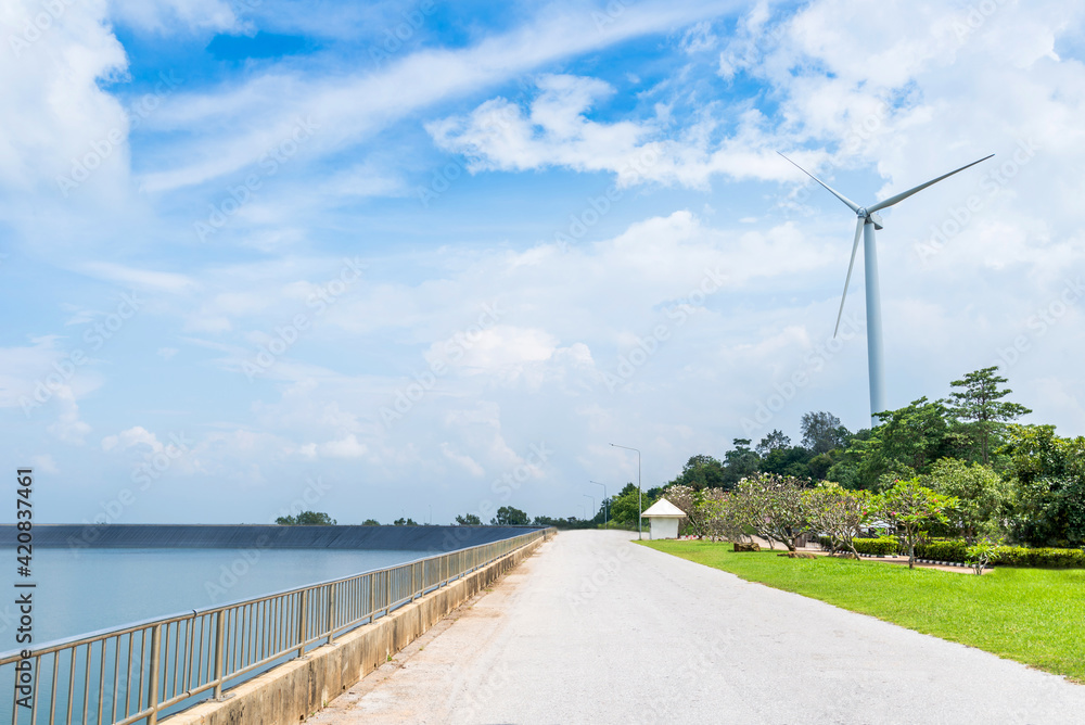 Walkway between Wind Turbine beside Lam Takong Reservoir View.