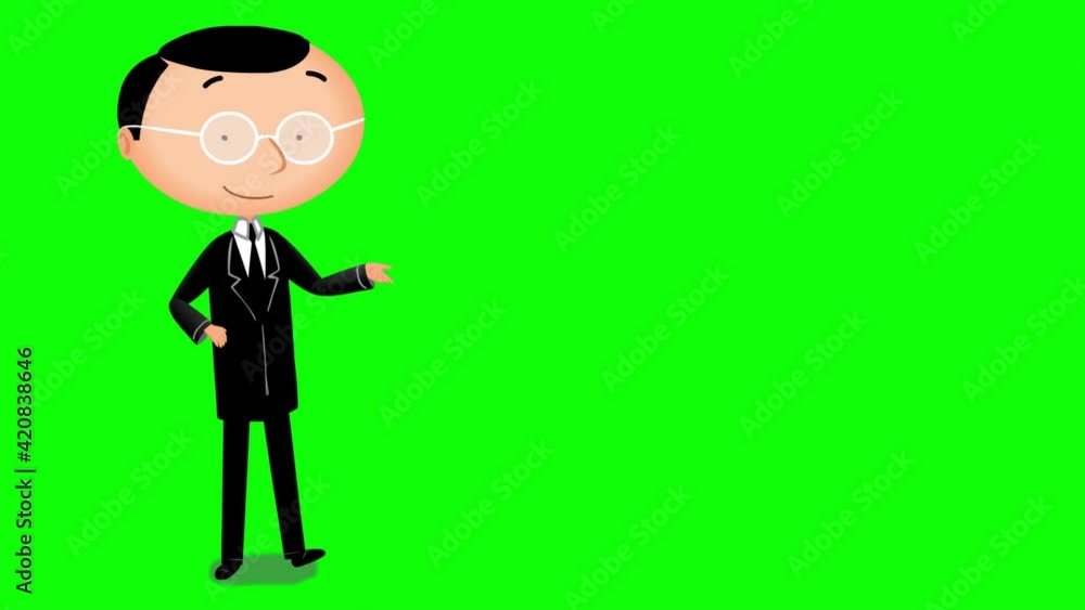 A man in a black coat giving presentation. Cartoon video clip in high resolution with green screen background. A man in a black coat giving presentation. Cartoon video clip in high resolution with green screen background.