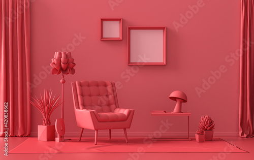 Gallery wall with 2 frames, in monochrome flat single dark red, maroon color room with furnitures and plants,  3d Rendering