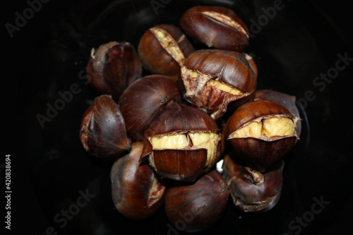 background, baked, baked chestnut, black, brown, chestnut, chestnuts, closeup, cook, cooking, crust, dark, dark background, delicious, delicious food, dessert, drawn, focus, food, fresh, fried, health