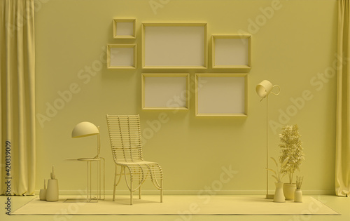 Wall mockup with six frames in solid flat pastel light yellow color, monochrome interior modern living room with furnitures and plants, 3d rendering