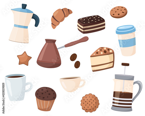 A set of sweets in a cartoon style. Vector illustration of cute coffee desserts. Isolated on white background