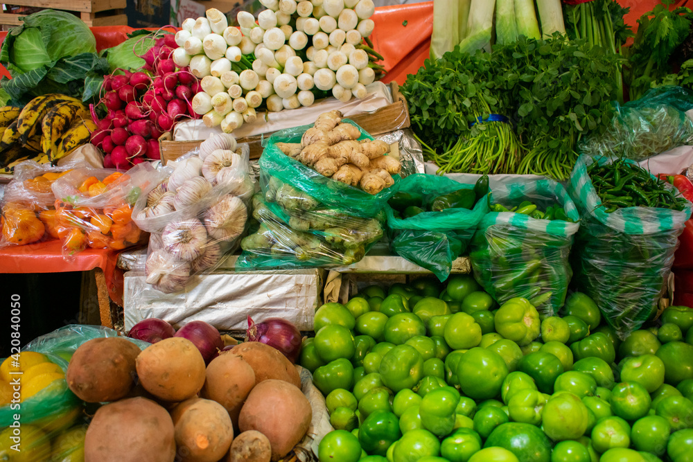 Colorful and fresh vegetables for sale in Mexican market