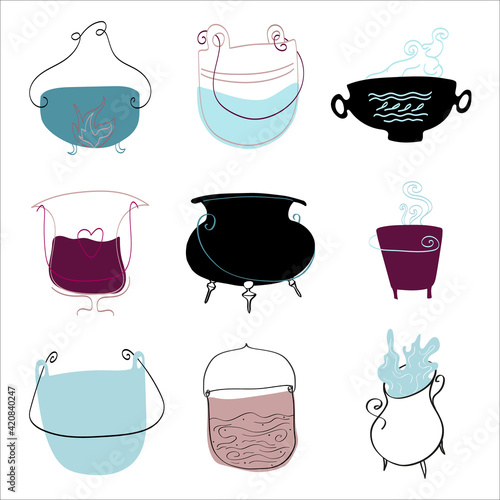 Set of various cauldrons for whitchcraft and making potions in handdrawn style. photo