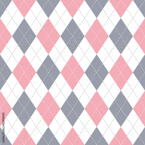 Argyle pattern seamless in pastel pink, grey, white. Light geometric stitched vector graphic for gift wrapping paper, socks, sweater, jumper, other trendy spring summer textile or paper print.