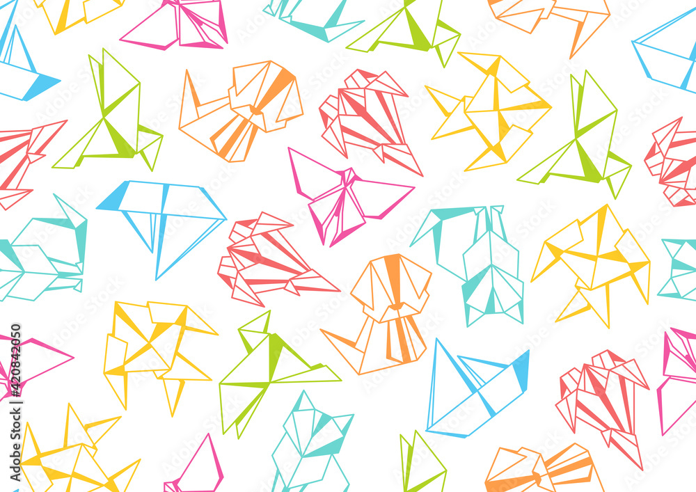 Seamless pattern with origami toys. Folded paper objects. Seamless pattern with origami toys. Folded paper objects.
