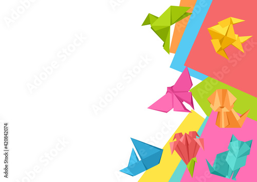 Background with origami toys. Folded paper objects.