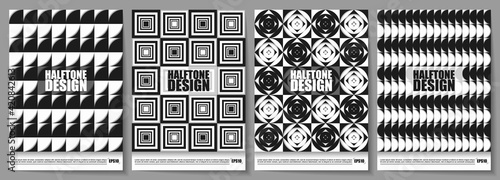 EPS10 Set of A4 covers with geometric shapes on halftone. Easy to adapt to your project. Perfect for any use.