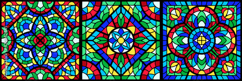 Stained-glass window with colored piece. Decorative ceramic tile pattern.