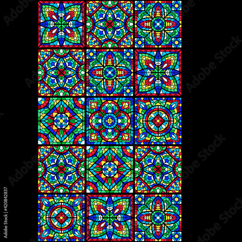 Stained-glass window with colored piece. Decorative ceramic tile pattern.