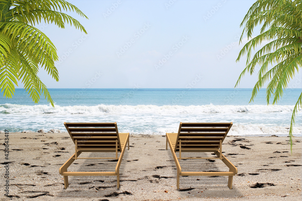 Summer photo with a beautiful clean beach, sun loungers and hanging palm trees. Summer concept