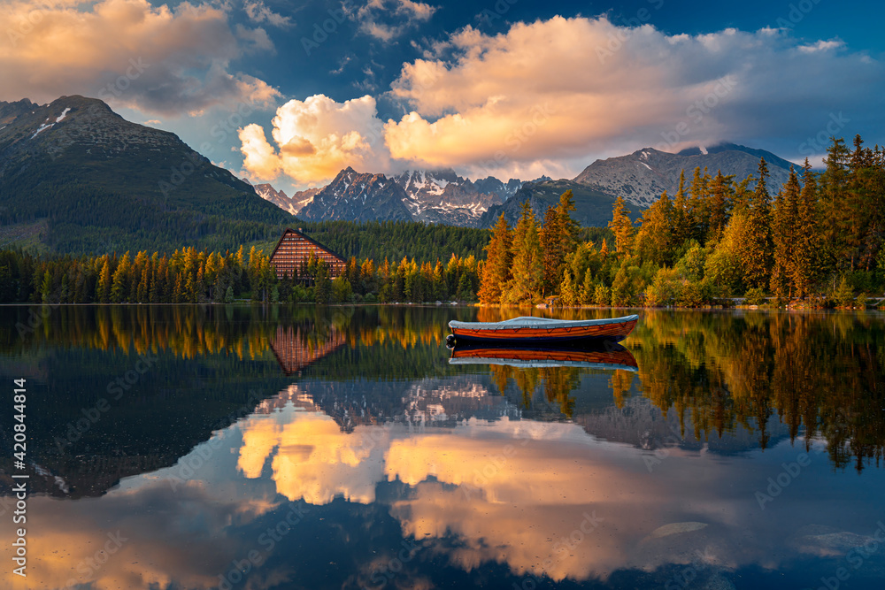Mountain lake Strbske pleso (Strbske lake) and High Tatras national park, Slovakia