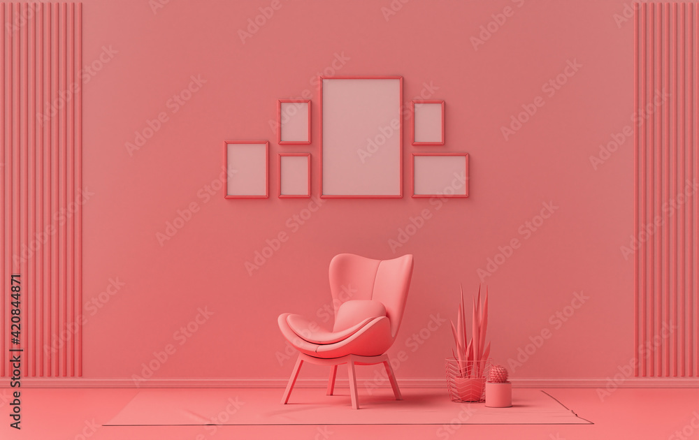 Wall mockup with six frames in solid flat pastel light pink, pinkish orange color, monochrome interior modern living room with single chair and plants, 3d rendering Wall mockup with six frames in solid flat pastel light pink, pinkish orange color, monochrome interior modern living room with single chair and plants, 3d rendering