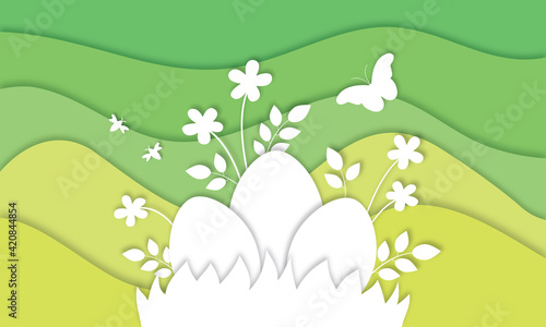 Paper cut easter eggs vector, egg hunt design, spring holidays 3d papercut natural landscape 