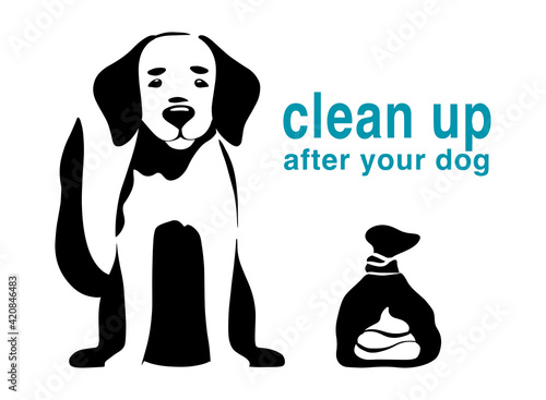 Labrador Retriever puppy poop in plastic bag. Black silhouette dog isolated on white background. Clean up after your dog. ink, template, clip art. Vector drawing illustration pet. Flat cartoon style.
