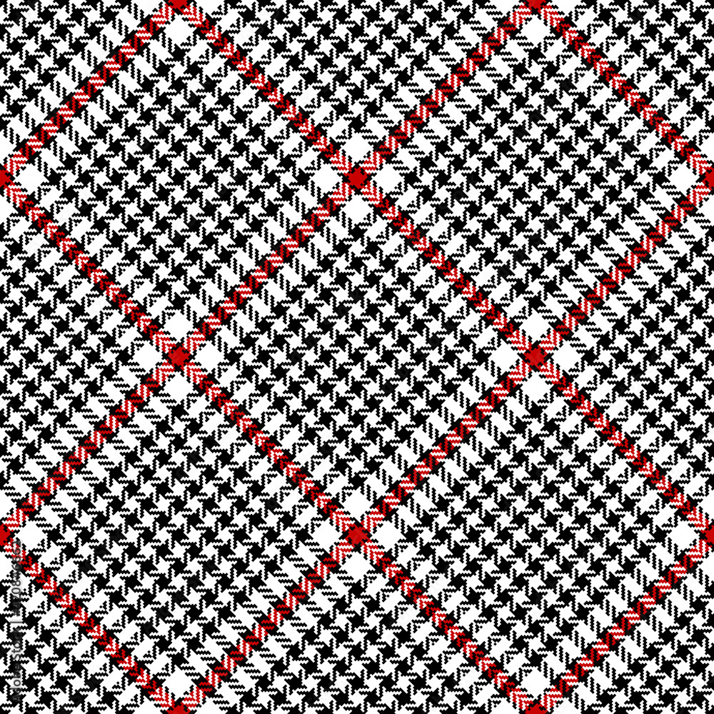 Tweed check plaid pattern herringbone in black, red, white. Seamless abstract check plaid graphic background texture for coat, skirt, jacket, dress, other modern autumn winter fashion fabric print.