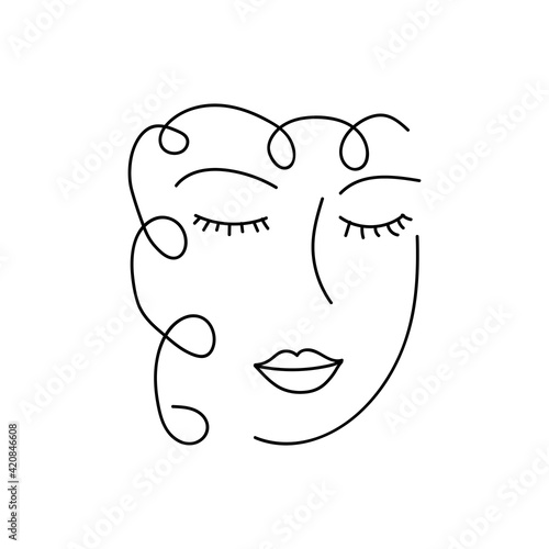 Modern Abstract Face Portrait. Linear Ink Brush. Line Art Current Contemporary Continuous Cubism Painting. Fashion Style Black And White Abstraction Poster