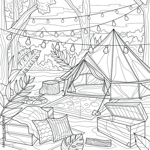 Tent in the forest with lanterns. Camping.Coloring book antistress for children and adults. Illustration isolated on white background.Zen-tangle style. Hand draw